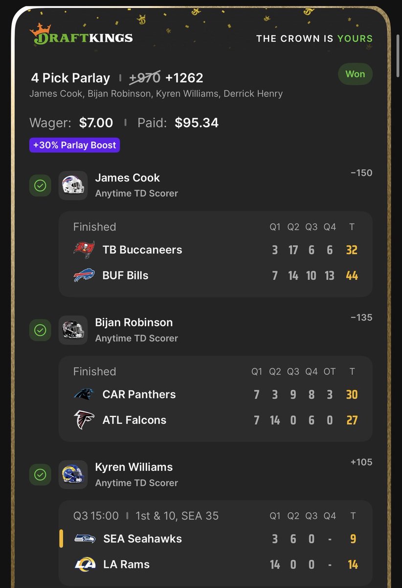 _Dylan_23's tweet image. Cash it 💰

Cook✅
Bijan✅
Williams ✅
Henry✅

$7 —&amp;gt; $95.34 😈 +1262 🚀 #NFL