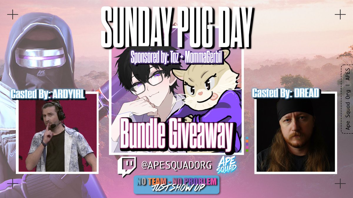 TUNE IN!
Giveaway stream tonight! 8-10pm EST. 

Casted by Grand Major host <a href="/ArdyIRL/">🏝️ TS Ardy | 🔜 Dreamhack Stockholm</a> 
&amp;
<a href="/Dreadalicious_/">Dread</a> 

Pick-Up-Games where chimps become community champions. Who will claim the bounties and activate our giveaways?

We go live in an hour!
twitch.tv/apesquadorg

#TGM25