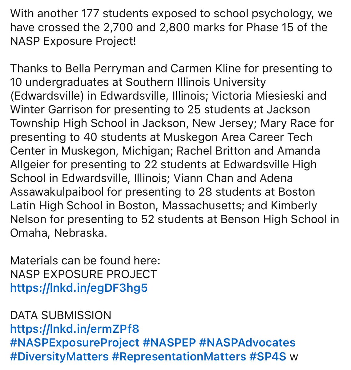 _charlesbarrett's tweet image. With another 177 students exposed to school psychology, we have crossed the 2,700 and 2,800 marks for Phase 15 of the NASP Exposure Project! Thanks for your support and continued support! Materials: lnkd.in/egDF3hg5 Submit Data: lnkd.in/ermZPf8
#NASPExposureProject