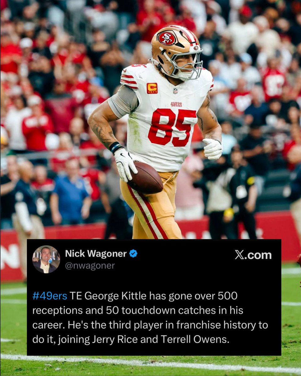 OurSf49ers's tweet image. #49ers George Kittle joins Jerry Rice and Terrell Owens as the only players in franchise history with 500 receptions and 50 TDs 🔥