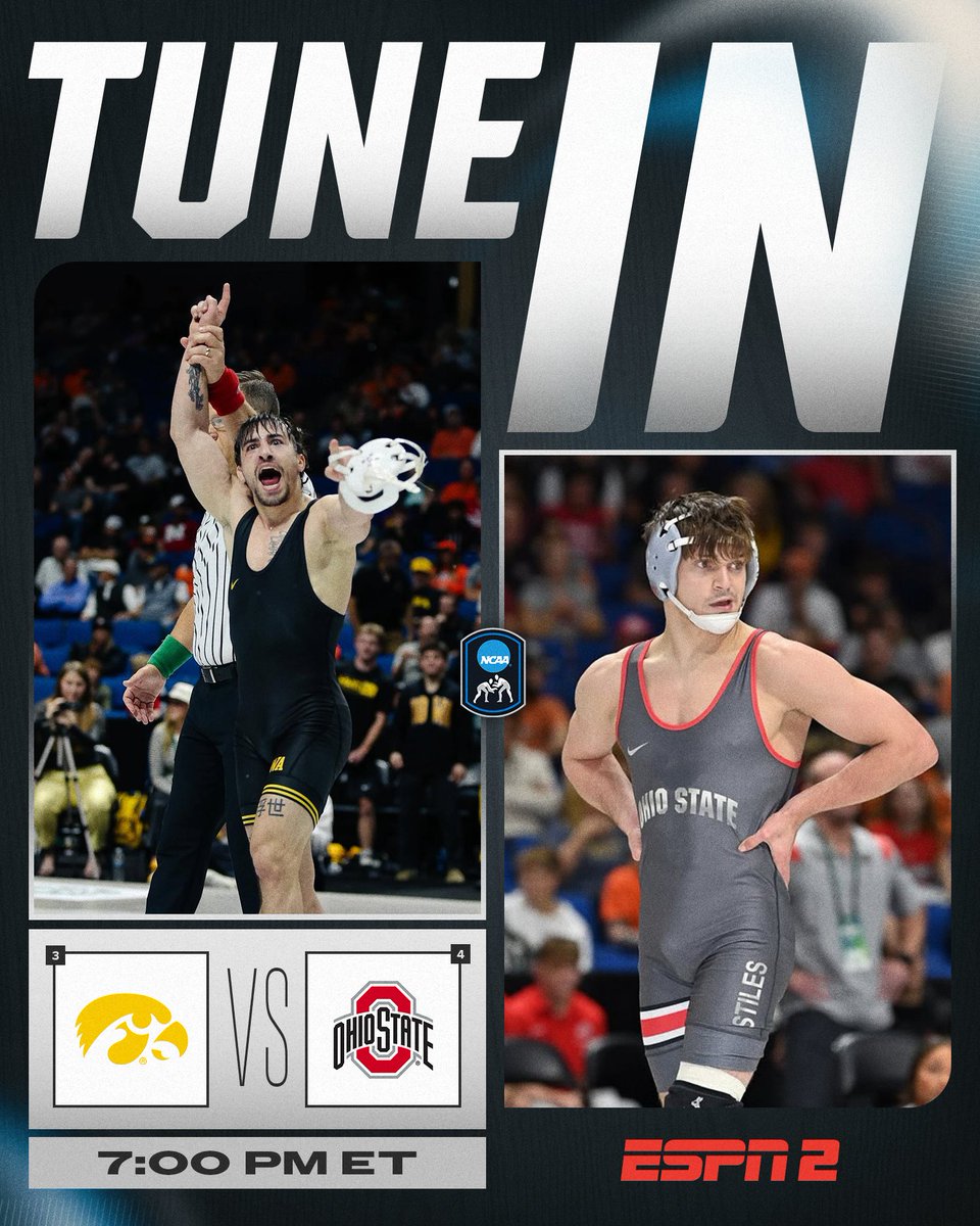 ⭐️ NATIONAL DUALS FINALS ⭐️

No. 3 <a href="/Hawks_Wrestling/">Iowa Hawkeye Wrestling</a> 
🆚
No. 4 <a href="/wrestlingbucks/">Ohio State Wrestling</a> 

⏰ 7:00 PM ET
📺 ESPN2

#NCAAWrestling