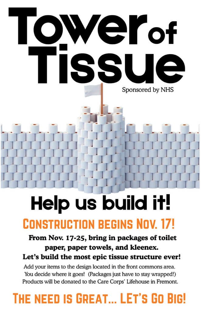 🧻 Let’s build a TOWER for a cause!
The NBC National Honor Society’s Tower of Tissue Drive starts TOMORROW!
Drop off toilet paper at the HS or elementary office — all donations go to the Care Corps’ Life House in Fremont.