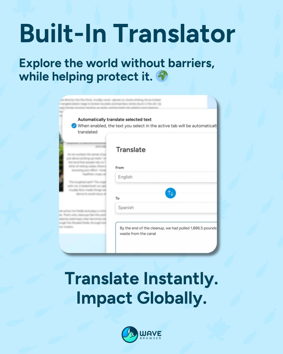 Wave_Browser's tweet image. Break language barriers, not your flow. 🌍✨
Wave’s built-in translator helps you explore the world effortlessly, and every session helps protect it, too.

Translate instantly. Make an impact globally. 🌊💙

#WaveBrowser #SustainableTech #CleanOcean #Translate #EcoFriendly…