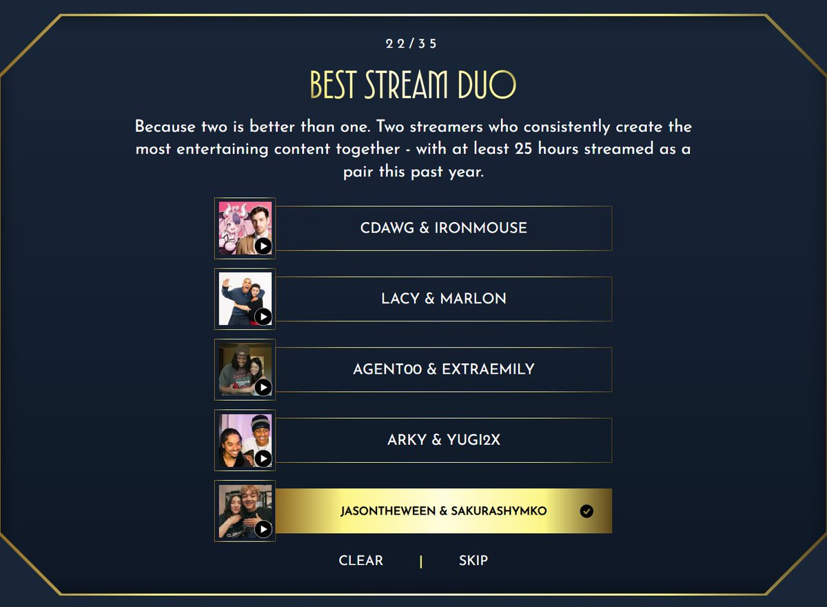 jasontheween's tweet photo. VOTE FOR ME IN THESE CATEGORIES PLEASE! 😳

STREAMER OF THE YEAR
BEST JUST CHATTING STREAMER
BEST STREAM DUO

link down below https://t.co/N4DlOFqnQf