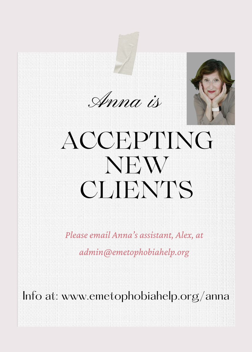 EmetHelp's tweet image. I am now accepting new clients. Please go to emetophobiahelp.org/anna After reading, my assistant, Alex, can help you get set up: admin@emetophobiahelp.org