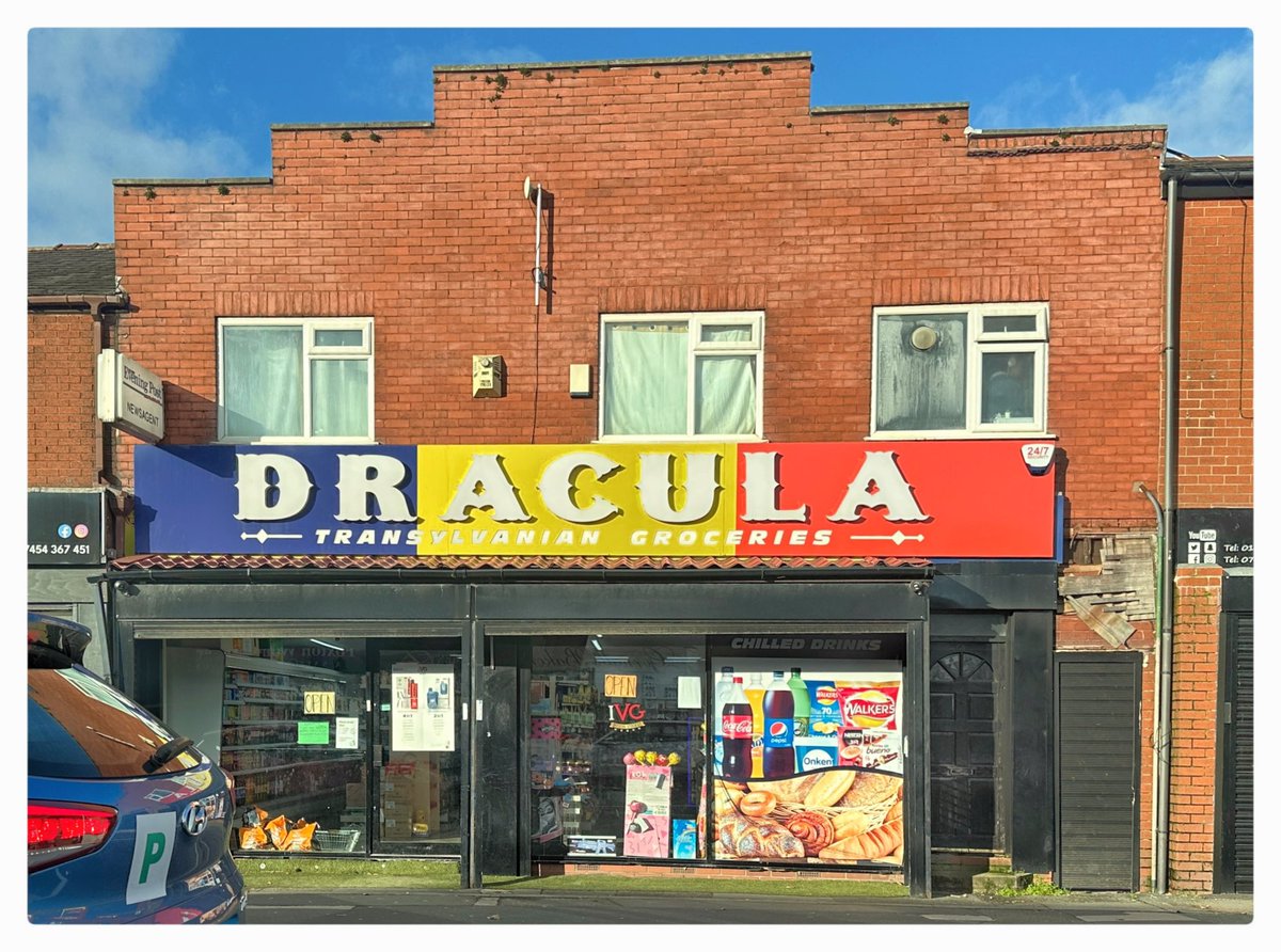 pitheadbaths's tweet image. Seen in Preston today, Transylvanian grocery shop with catching title, wonder if they sell black puddings made from blood and fat? 😱#Preston #Dracula