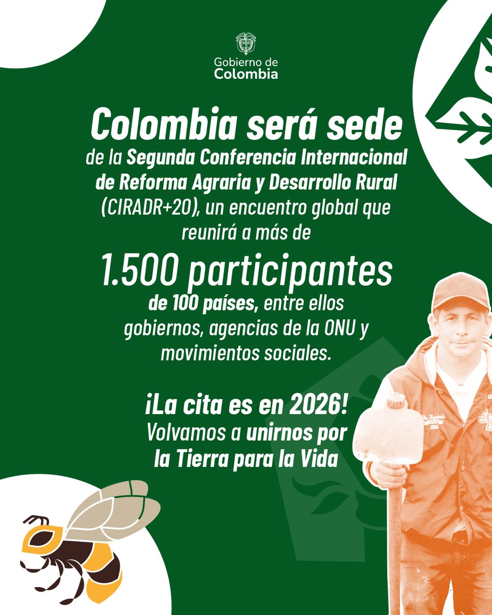 🌾🇨🇴 La Segunda Conferencia Internacional de #ReformaAgraria y Desarrollo Rural (<a href="/icarrdcolombia/">ICARRD+20</a>) representa una oportunidad histórica para reafirmar la tierra como derecho fundamental y pilar de una democracia más justa, junto a las naciones del mundo. 🌎🫱🏽‍🫲🏼
¡La #TierraParaLaVida