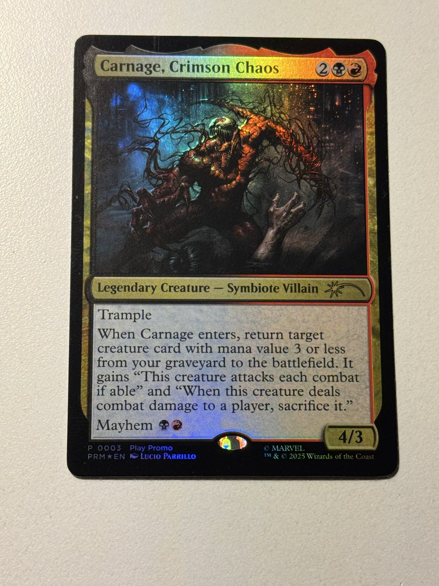 Did you know only WPN Premium game stores received foil versions of the Carnage, Crimson Chaos promo card? This is why the foil versions are worth considerably more than their nonfoil counterpart. #MTGxSpiderMan
