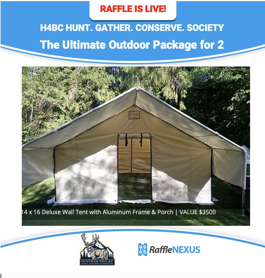 WIN a 14 x 16 Deluxe Wall Tent, Frame &amp; Porch Package when you purchase a ticket to support H4BC HUNT.GATHER.CONSERVE.SOCIETY.

Tickets: walltentraffle.ca
Deadline: Jan. 5

Know your limit. Play within it. 19+

#rafflenexus #winfundraising #online5050 #onlineraffle @H4BC