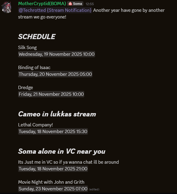 Idk, felt like this schedule was pretty and neat

GMT +13 for timezone btw

Also <a href="/Slimechemist/">Slimechemist - Lukka</a> lukka mentioned