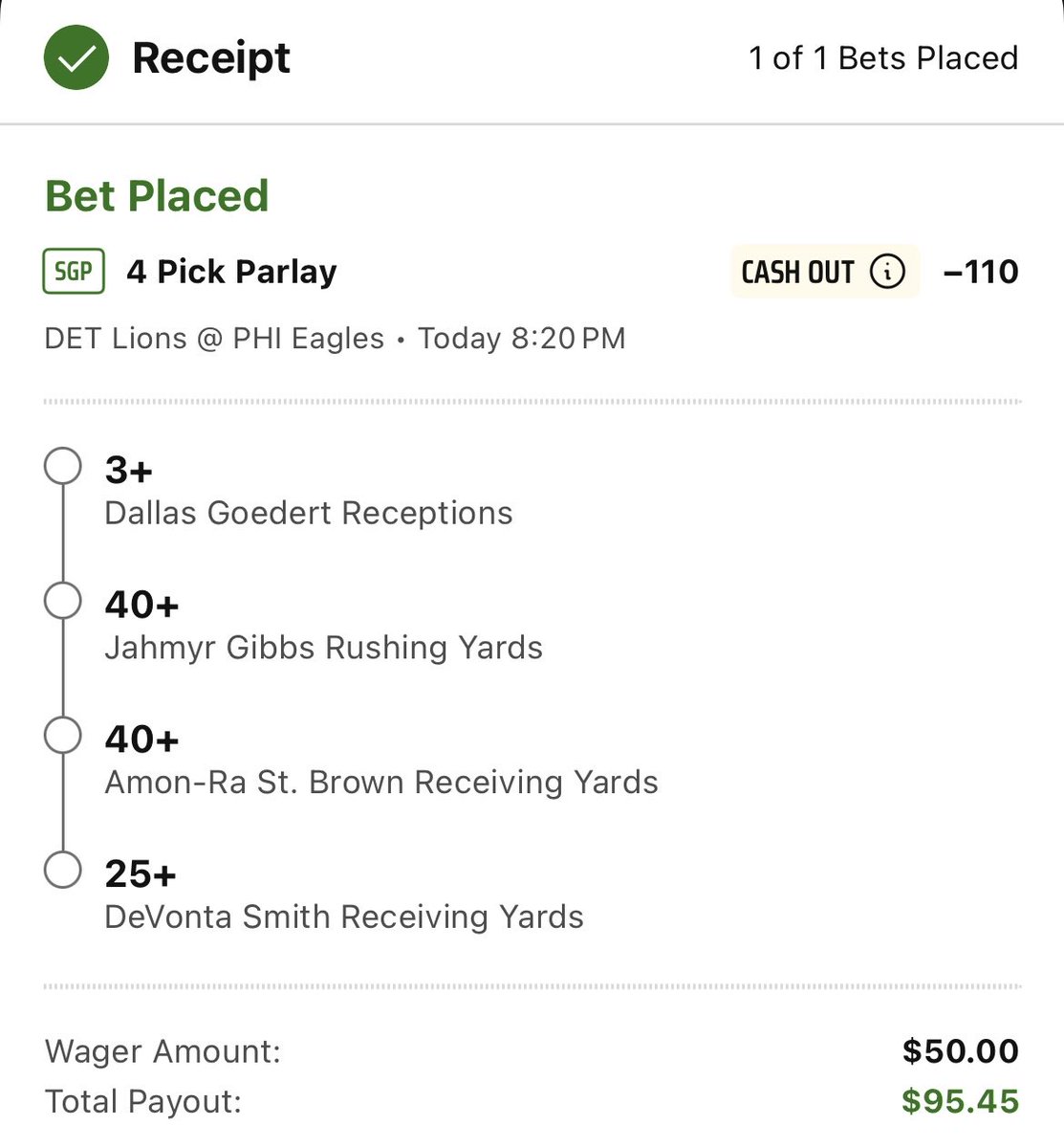 ProfitPickz's tweet image. 🚨 LADDER CHALLENGE STAGE 1 🚨
We’re kicking things off with a 4-piece SGP in Lions vs Eagles tonight 🦁🦅🔥

Stage 1 Pick:
• 3+ Dallas Goedert Receptions
• 40+ Jahmyr Gibbs Rushing Yards
• 40+ Amon-Ra St. Brown Rec Yards
• 25+ DeVonta Smith Rec Yards

💰 Wager: $50
💵 To…