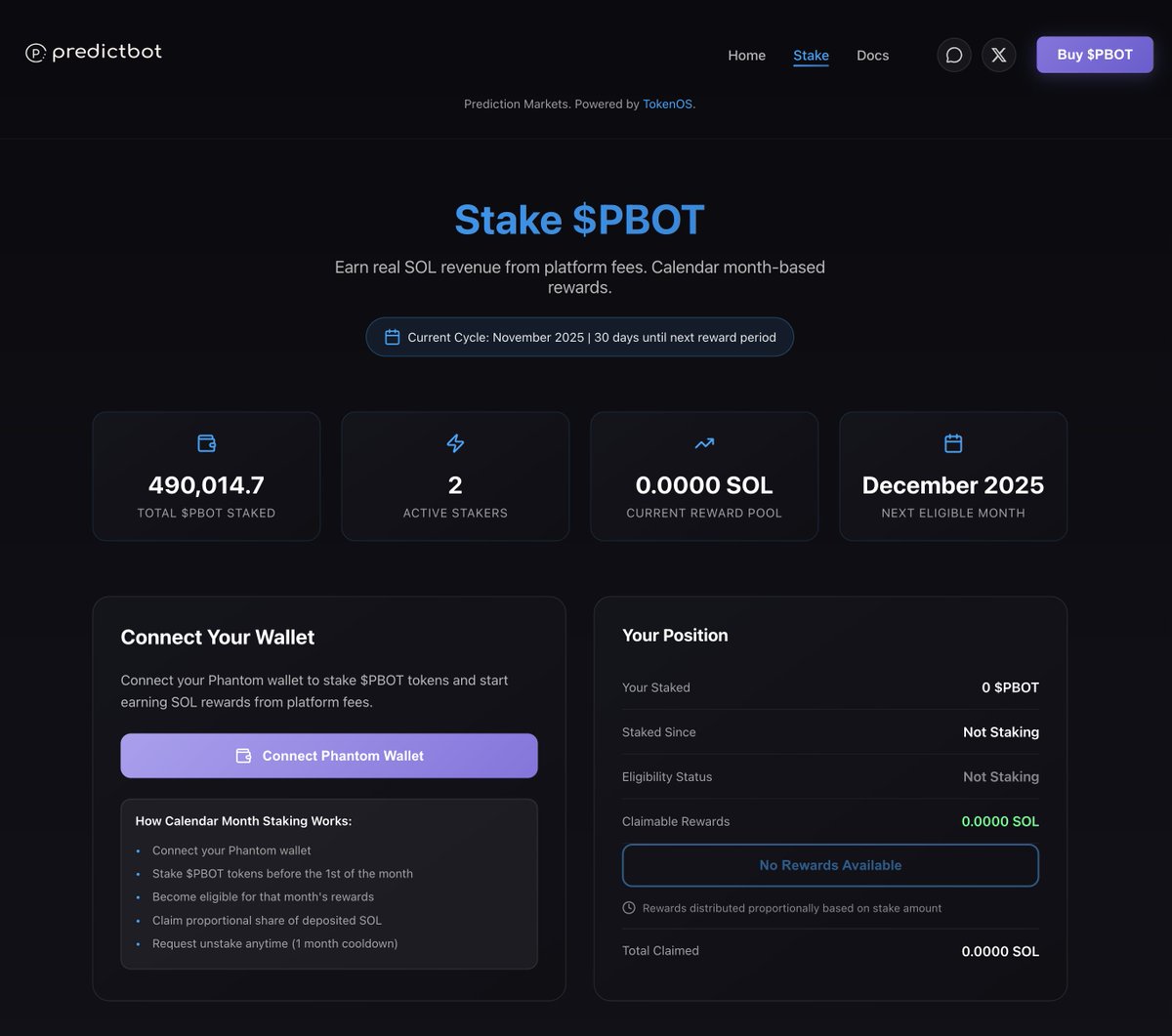 PredictBotSol's tweet image. $PBOT Staking is now live on PredictBot.net! 🚀

Stake your $PBOT tokens and unlock 60% of ALL PredictBot net revenues – distributed proportionally to stakers every month.

This makes PredictBot a true community owned venture and gives all community members the…