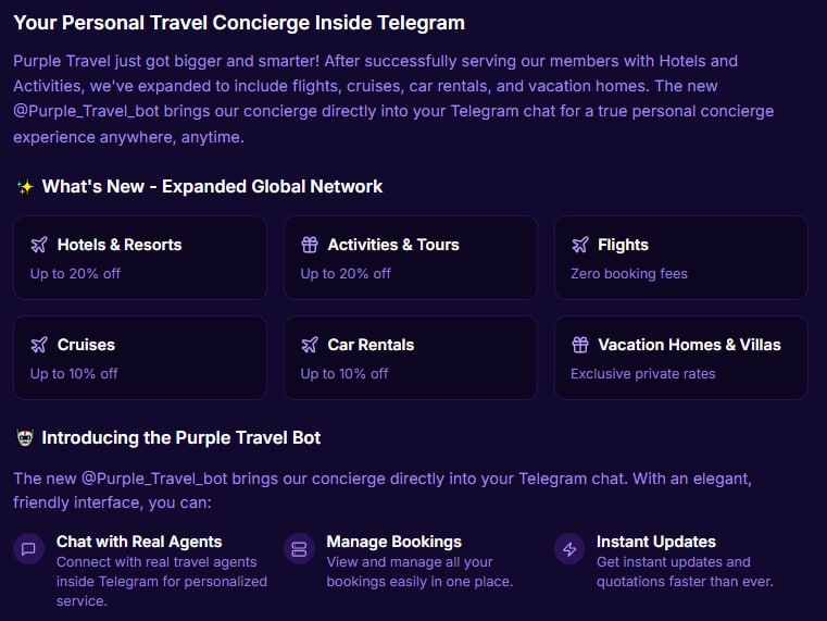Check out the latest revamp of the purplebitcoin.com website, looking slicker than ever! 

There is a new page covering all the latest perks with purple travel and the new purple travel bot! 🟣✈️