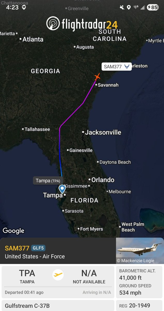 Borrowed7Time's tweet photo. USAF C-37B 20-1949 #AE6CF2 as SAM377 en route from Tampa (KTPA) to JB Andrews. Aircraft may be returning with AG Pam Bondi after a weekend home.
@sipjack1776 @FlconEYES @LadyAstroJet @Mas_Arr3ch0 https://t.co/xKWZn4Td9I