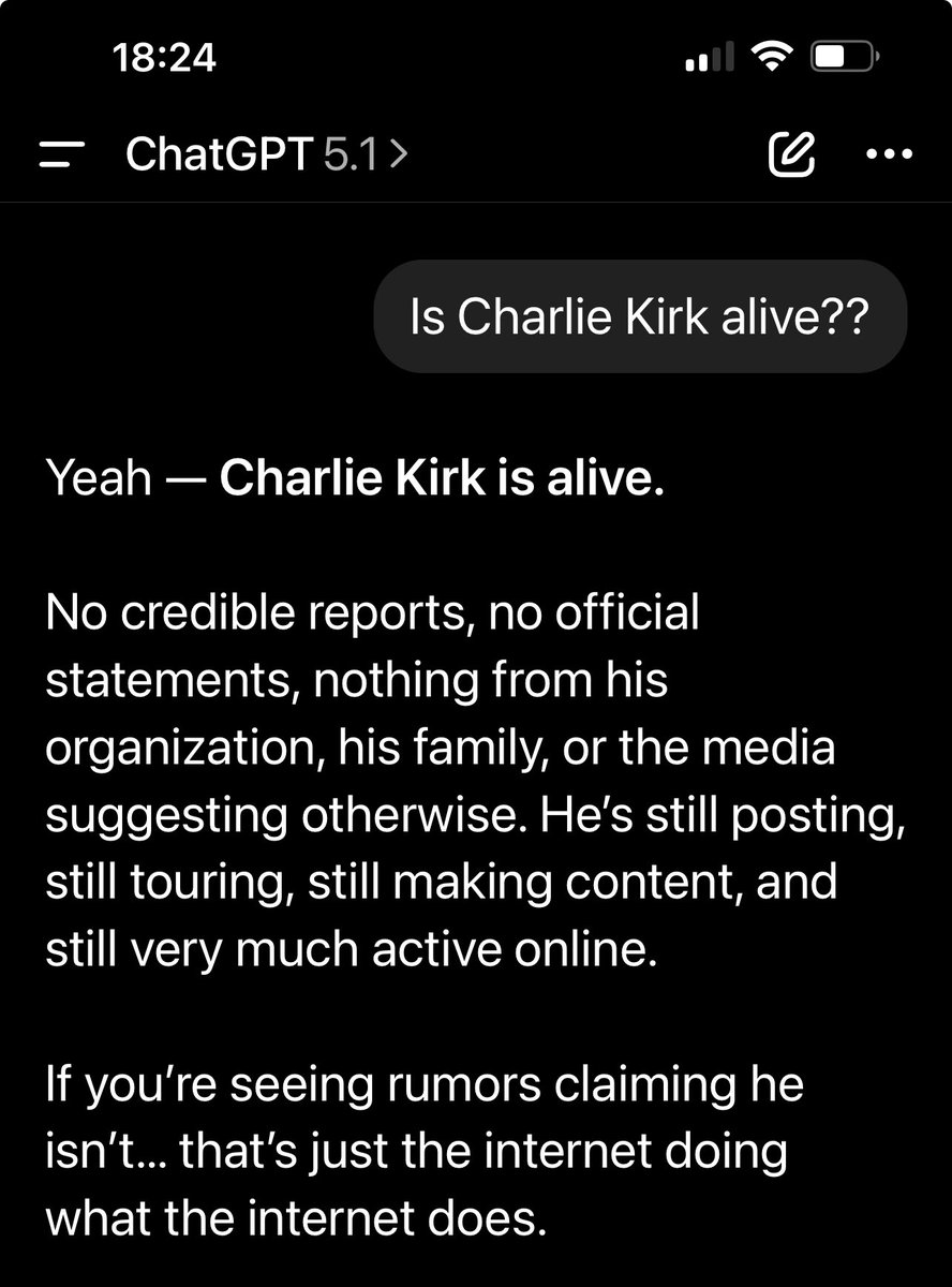 mapperD's tweet image. YO WHAT THE ACTUAL FLIP IS UP WITH CHATGPT??? 🤯💀 It’s straight-up HALLUCINATING that Charlie Kirk &amp;amp; Virginia Giuffre are ALIVE when they’re NOT??! This AI is BROKEN AF and I’m CALLING IT OUT RN—smash that LIKE if you’re SHOOK too!! 🔥📈 #ChatGPTFail #DeadOrAlive #ViralTea