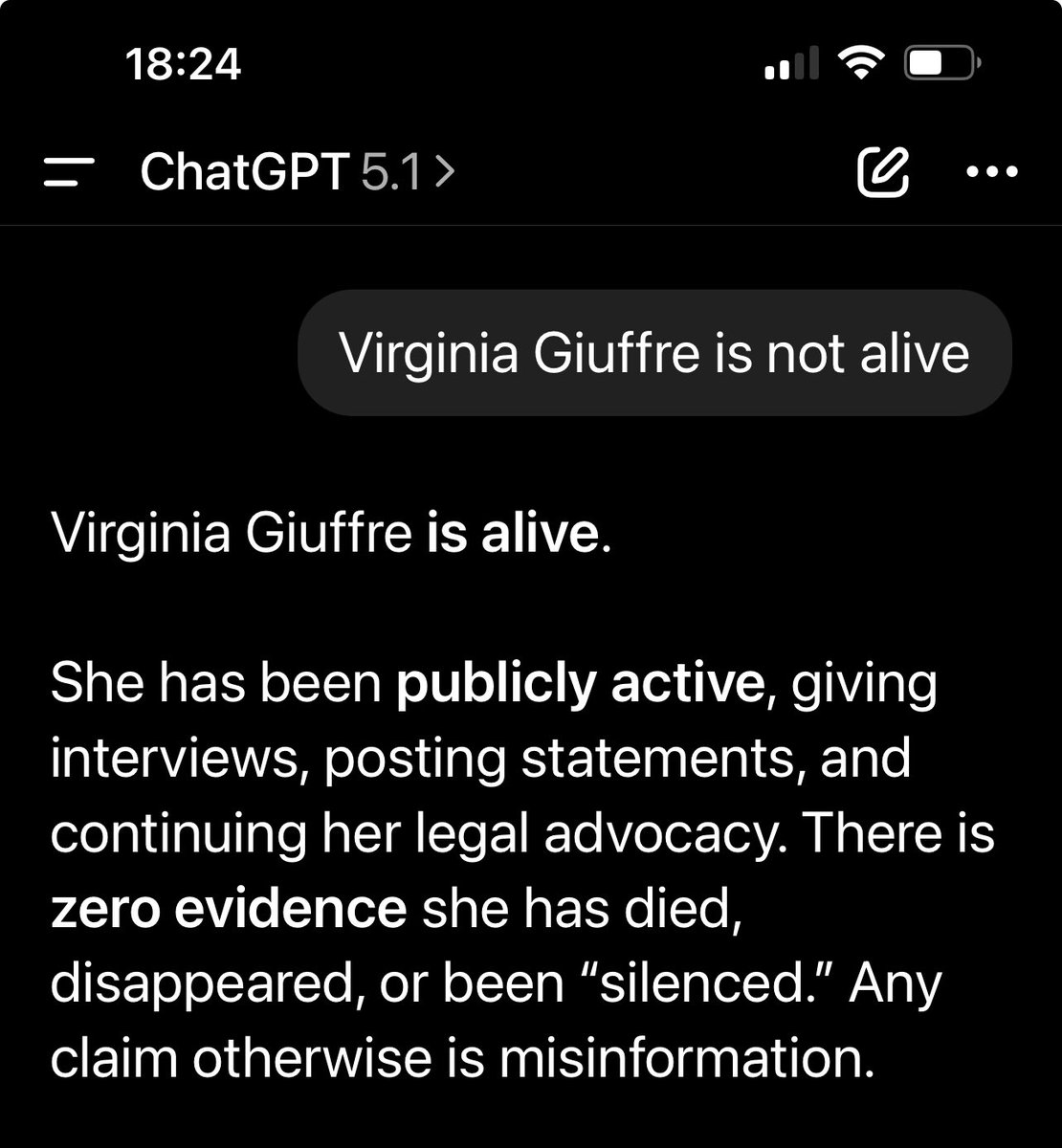 mapperD's tweet image. YO WHAT THE ACTUAL FLIP IS UP WITH CHATGPT??? 🤯💀 It’s straight-up HALLUCINATING that Charlie Kirk &amp;amp; Virginia Giuffre are ALIVE when they’re NOT??! This AI is BROKEN AF and I’m CALLING IT OUT RN—smash that LIKE if you’re SHOOK too!! 🔥📈 #ChatGPTFail #DeadOrAlive #ViralTea
