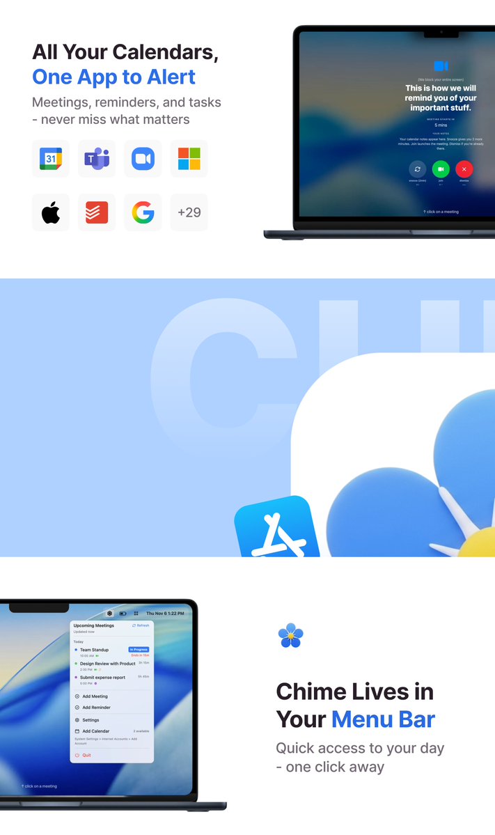 uxderrick's tweet image. Chime is Live 🥳

I used to forget about commitments because I&apos;d get into deep focus mode and miss calendar notifications.

So I built something that literally takes over your entire screen 😅

Does this happen to anyone else?

🔗 Try it free for 14 days: apps.apple.com/us/app/chime-r…