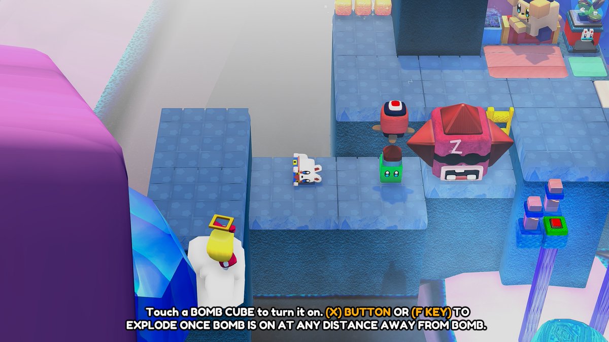 Changes to the bombs*  "Touch a BOMB CUBE to turn it on. (X) BUTTON OR (F KEY) TO EXPLODE ONCE BOMB IS ON AT ANY DISTANCE AWAY FROM BOMB". The bomb turns RED when it is on instead of staying blue and the text mentions you can explode it from as far away from the bomb as you want.