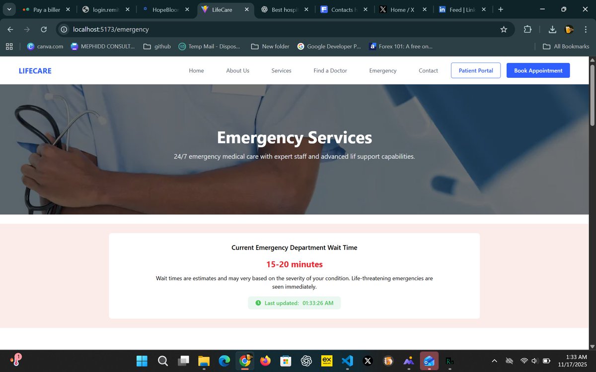 WebFyreDev's tweet image. Still building, Still cooking
Just worked on the emergency page of the medical website projects.
Falling in love with medical professions rn 
#tech #frontenddevelopers #WebDevelopment