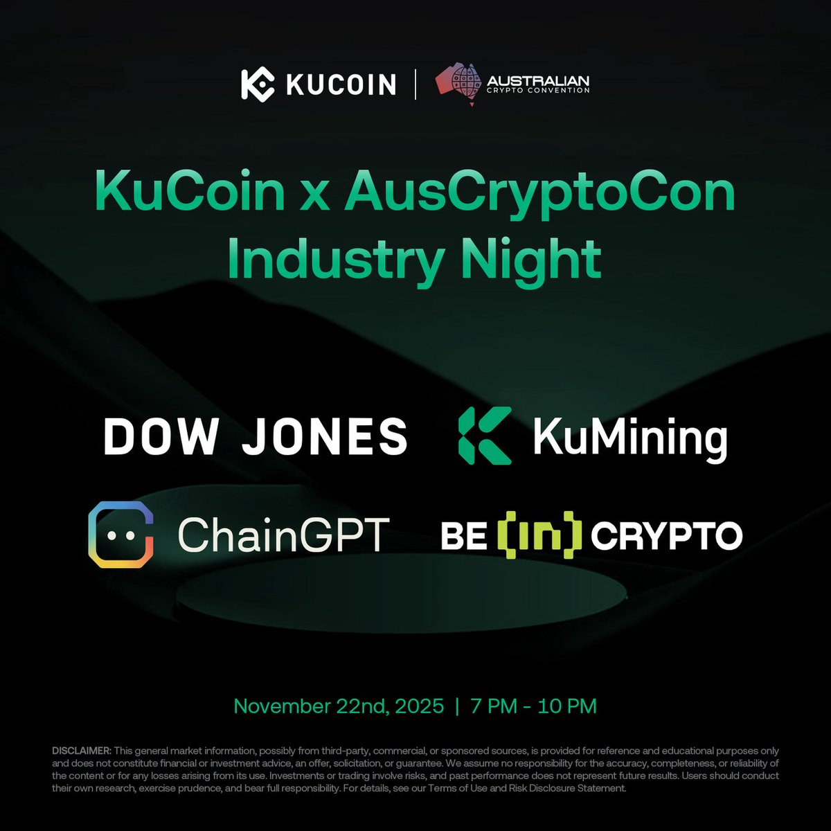 kucoincom's tweet image. 🎉 Huge thank you to our incredible partners supporting the KuCoin x AusCryptoCon Industry Night!

✨ Gold Sponsors: @KuMiningCom &amp;amp; @DowJones
 🤖 Silver Sponsor: @Chain_GPT
 🗞️ Media Partner: @beincrypto

Your support helps bring the industry together for an unforgettable night…