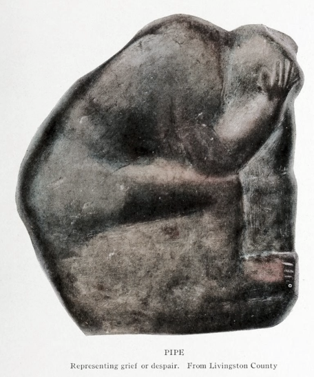 DrGregLittle2's tweet photo. Stone pipe (blue limestone) from a mound site in Kentucky. It depicts grief or sorrow, at least that's what the book relates.
From: Young 1910. https://t.co/Fy06ETj6EH