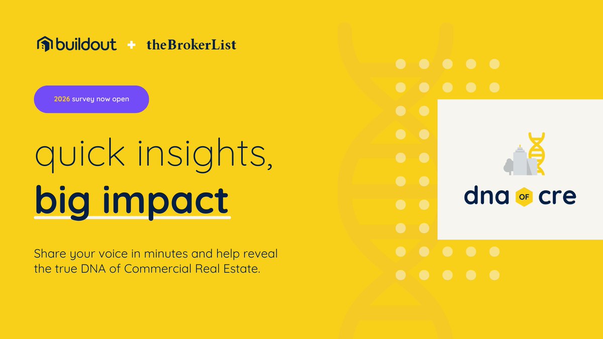 ⏰ Time is flying! The DNA of #CRE survey closes Dec 15.  We’re halfway there and need your voice.
Help us understand what tools, tech, and trends are driving commercial real estate today.
Take the survey now 👉 dna-of-cre.buildout.com
#PromoPartners @buildoutinc <a href="/theBrokerList/">theBrokerList</a>