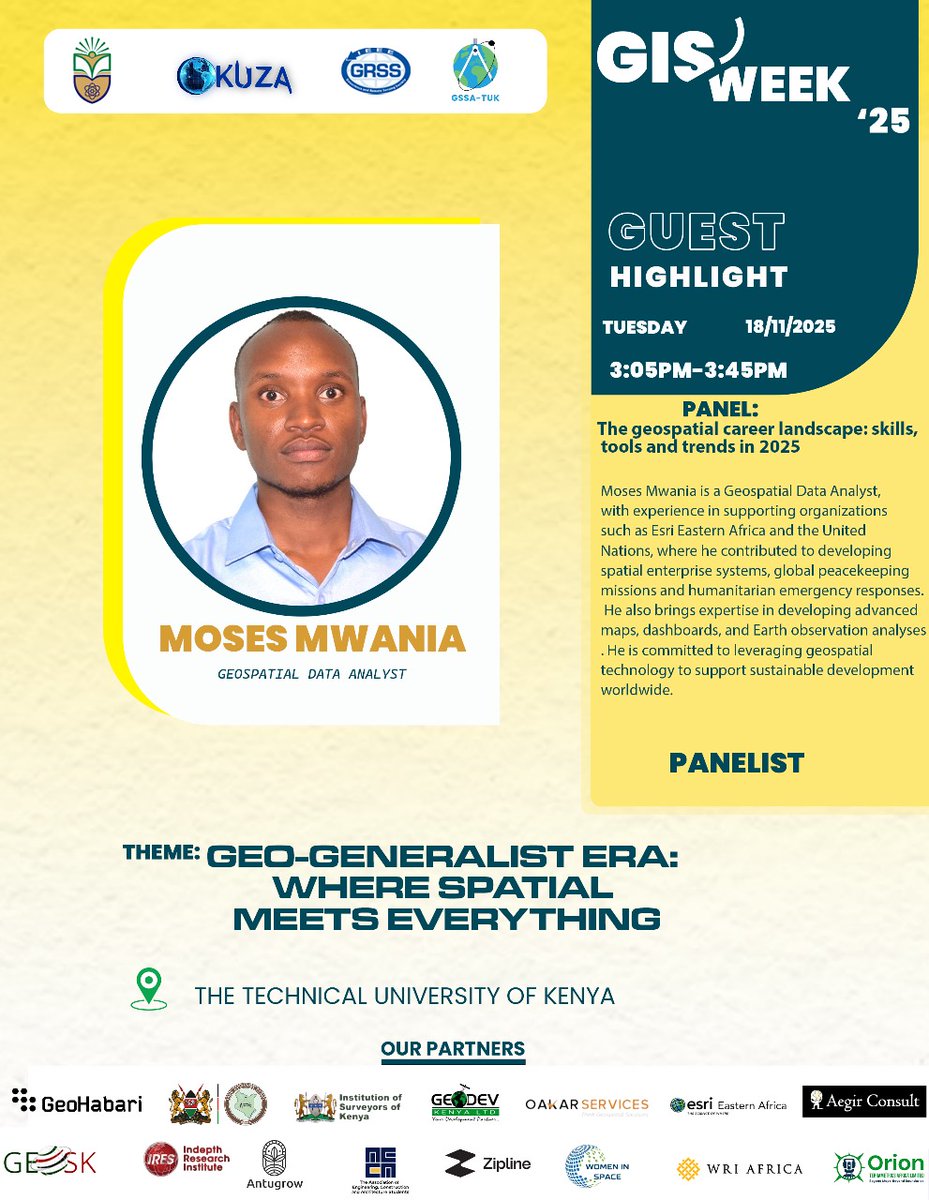 Moses__Mwania's tweet image. Honored to join GIS Week on Tuesday 18th 2025 at my almer mater @TU_Kenya as a panelist discussing the geospatial career landscape skills, tools, and trends shaping our field. 🌍
#GISWeek25 #Geospatial