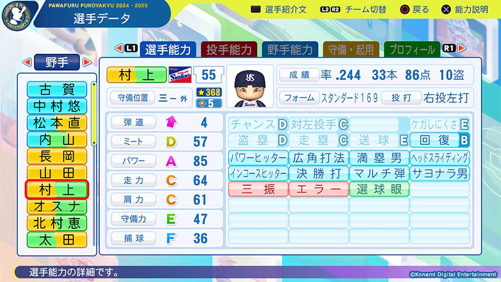 pawapuro_pro's tweet image. #パワプロ2025 アップデート情報でやんす✨

11月20日(木)の第14回アップデートで更新される
北海道日本ハムファイターズのレイエス選手、東京ヤクルトスワローズの村上宗隆選手などの能力値を公式サイトで公開したでやんす⚾

konami.com/pawa/2024-2025…