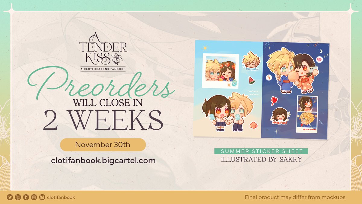 clotifanbook's tweet image. ☀️ PREORDERS 2 WEEKS REMAINING  ✨

Only 2 weeks before preorders close! We're excited to take a closer look at @hanjyuus' adorable sticker sheet of #CloTi spending time together at school, and at a festival! 🥰🎇

Want your copy? Visit today!
⭐️ SHOP: clotifanbook.bigcartel.com