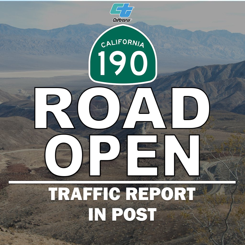 State Route 190 is now open between State Route 136 and 2 miles west of Saline Valley Road. 

Check quickmap.dot.ca.gov or download the Quickmap app to obtain the latest information on California highway conditions. #Quickmap