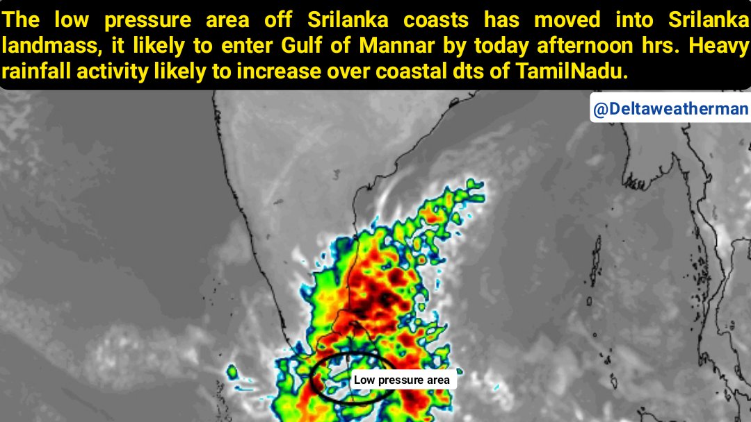 Deltarains's tweet photo. DWM NOWCAST WEATHER FOR 3RD ROUND OF NEM UPDATE -4| 17.11.2025| Time : 6:00 am

#TOPIC: LOW PRESSURE AREA LIKELY TO ENTER GOM WATERS

#Weathersynopsis
==> The low pressure area over Southwest Bay of Bengal coasts persist over Srilanka landmass. It very likely to enter Gulf of Mannar coasts during next few hours.

==> As the LPA moves into GOM, a strong convergence expected to fall off TamilNadu during next 36 hrs.

==> Coastal stretches of TamilNadu has received moderate to rather heavy rainfall, as low moves Gulf of Mannar monsoon rains expected to intensify further from today afternoon. 

==> #Chennai #Thiruvallur & suburbs will see rainfall activity from afternoon hours.
============================

#Weatherforecast

Vigorous monsoon conditions expected during next 48 hrs.

Day 1 (17.11.2024) & Day 2 (18.11.2025)
==> Coastal dts of TamilNadu like #Thiruvallur, #Chennai,  #Kanchipuram, #Chengalpet, #Villupuram, #Cuddalore, #Mayuladuthurai, #Nagapattinam, #Thiruvarur, #Ramanathapuram, #Thuthukudi, #Thirunelveli and #Kanyakumari dts likely to experience on and off heavy rains. Isolated places of coastal region may see very heavy rainfall.

==> Other dts #Thanjavur, #Pudhukottai, #Ranipet, #Vellore, #Thiruvanamalai, #Kallakuruchi, #Ariyalur, #Perambalur, #Trichy, #Sivagangai, #madurai, #virudhunagar likely to see rather heavy to heavy rainfall activity from today late afternoon/evening hours.

==> Western ghats & west interior dts will see gradual increase in rainfall activity from tomorrow.

Day 3 (19.11.2025) & Day 4 (20.11.2025)
==>  As the low pressure area expected to move Comorin sea & Lakshadweep region. Third round of rains likely to continue till 20th Nov,  especially western ghats & west interiors will see widespread rainfall activity on 19th & 20th Nov, 2025.

==> Coastal zone also expected to receive decent rainfall activity.

School holidays announcement:
#Pudhucherry & #Karaikal has declared holiday for Schools & Colleges today. Few other coastal dts of North TamilNadu likely to join in within next hour or so.

#Disclosure:  Northeast Monsoon waking up, bringing active conditions with widespread moderate to heavy rains isolated very heavy spells across coastal Tamil Nadu, exactly what the season needs.

Stay tuned & connected with @deltarains on X for timely updates as the system evolves! 🌧️

Thanks & Regards  
Hemachander R  
Independent weather blogger  
Email: deltaweatherman@gmail.com  

#Disclaimer: This is purely my personal view and interpretation. Please do not bring other views from official agency or other private weather bloggers here. Understand that this is my own perspective, and I am ready to explain any queries regarding my post, not those of others.

#ChennaiRains #TNRains #Deltarains #NEM2025