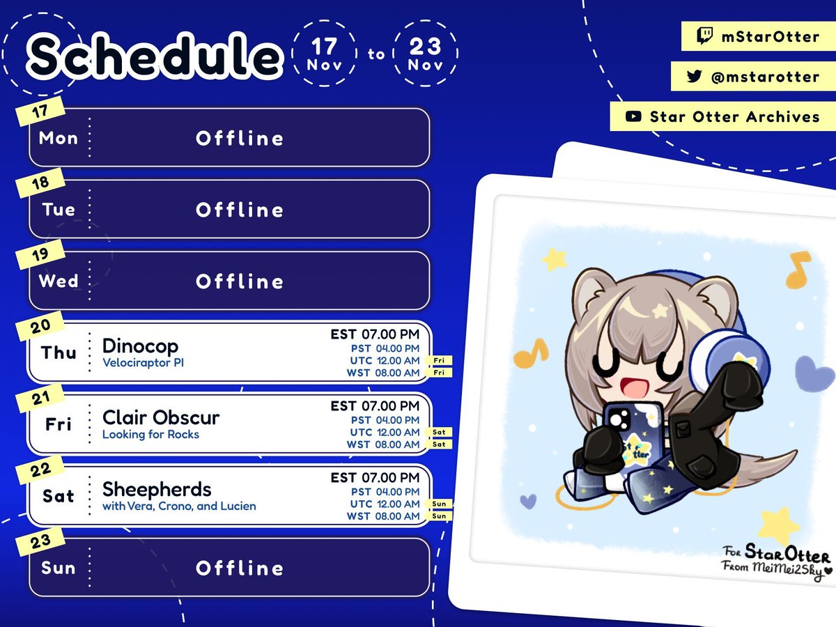 This week we have dinos, doggos and... rocks? Wednesday we're trying out Dinocop, Thursday is more Clair Obscur and Saturday is Sheepherds with friends <a href="/CronoOni/">Crono👹❌ Blind Oni Vtuber</a>, <a href="/LucienLament/">Lucien Lament</a>, and <a href="/VeraNightshade/">Vera Nightshade</a>. Art by @/MeiMei2Sky