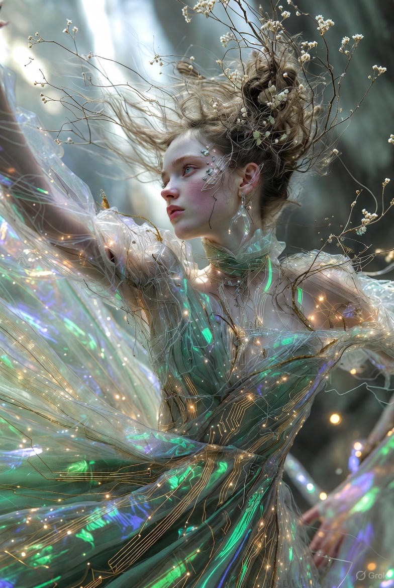 phokuinc's tweet image. Bioluminescence meets blooming circuitry. Nature’s daughters rendered in shimmering tech couture #AIart