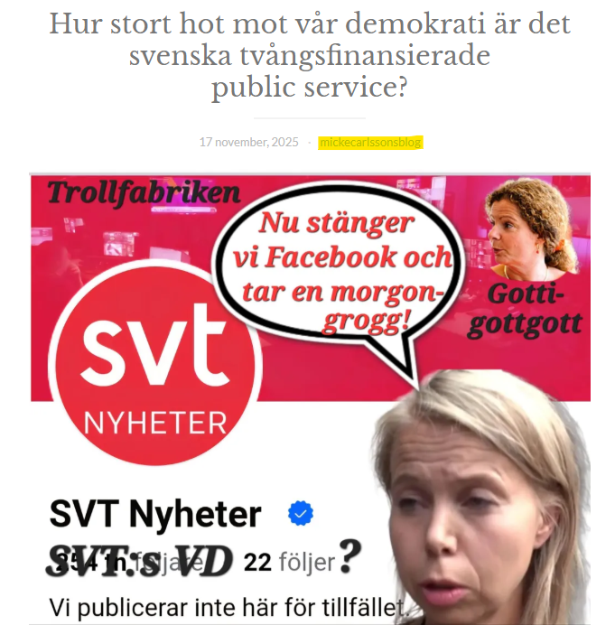Stort_allvar's tweet photo. Public service vill inte ge public service.

De vill, likt gamla kommunistdiktatorer, hyllas av folket.

Likt gamla kommunistdiktatorer tystar de folket som inte hyllar dem.

Nu har SVT:s VD stängt SVT:s sida på Facebook.

Enligt Anne Lagercrantz är orsaken att de inte kan kontrollera vad folket skriver där. I klartext: de vill tysta folkets kritik mot det tvångsfinansierade och vänsterkontrollerade SVT.

Stöveltrampet vi hör eka i bakgrunden kommer från SVT:s och SR:s åsiktskorridorer.
>>