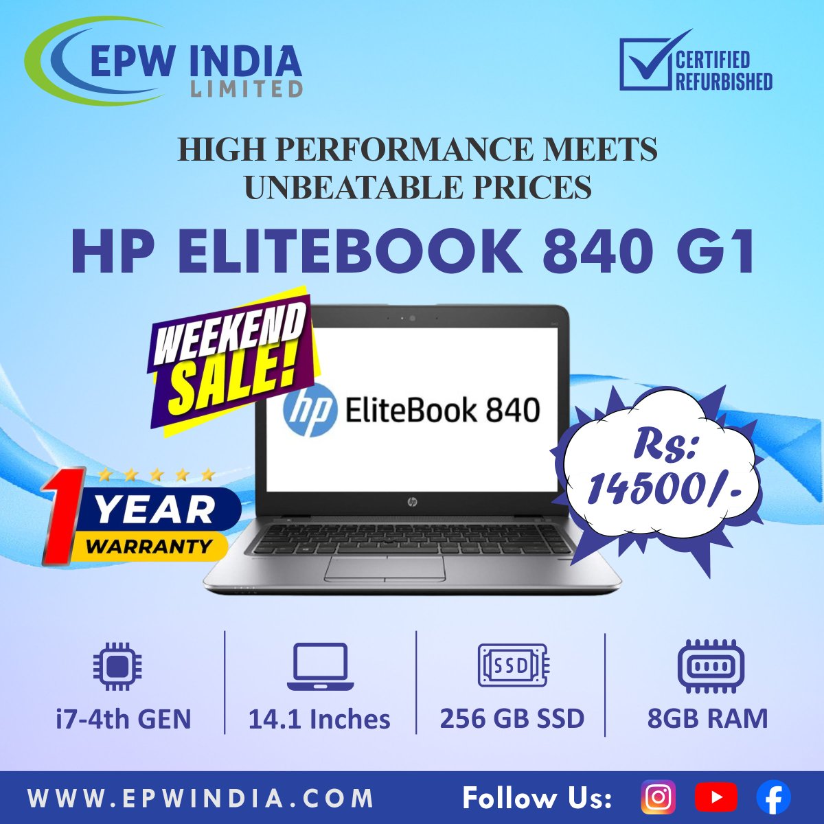 epwindiapvtltd's tweet photo. 🔥 WEEKEND SALE!
Grab the HP EliteBook 840 G1 – Certified Refurbished &amp; Super Fast!
i7 4th Gen | 8GB RAM | 256GB SSD
1-Year Warranty
💰 Price: ₹14,500

Limited stock—don’t miss out!
👉 https://t.co/dZiuhJabeX
#EPWIndia #RefurbishedLaptops #Hyderabad https://t.co/ua2s3T75cT