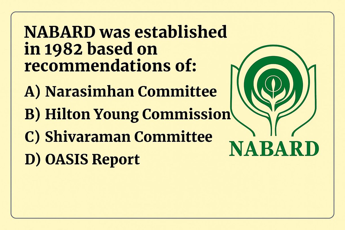 cematerial's tweet image. General Knowledge🔔🔔🔔:

NABARD was established in 1982 based on recommendations of:

#Generalknowledge #UPSC #SSC #RRB #CompetitiveExams #BPSC #UPSCPrelims2026