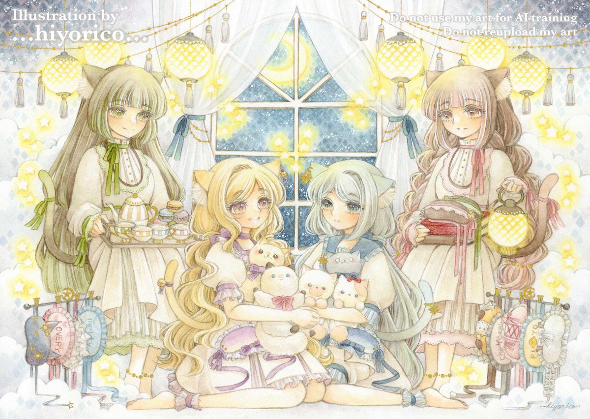 【パーティーの時間までもうすぐ】
(緑子・小鈴・ヨル・桜子)

………………………………………

水彩絵具・色鉛筆・顔彩
ランプライト水彩紙

 #ホットミルクに夜空をうつして