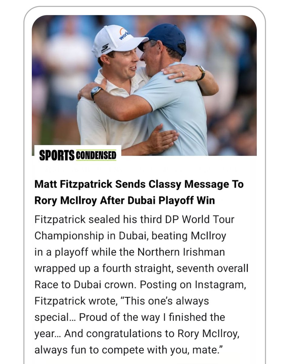 SportsCondensed's tweet image. Fitzy&apos;s heartfelt message for Rory after Dubai triumph.
#MattFitzpatrick #RoryMcIlroy #DPWorldTour #DPWorldTourChampionship
#Golf #GolfNews