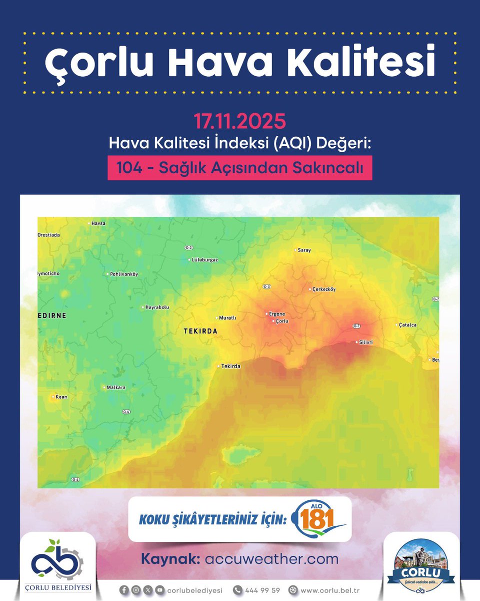 📌 Çorlu’muzda bugün hava kalitesi 104 seviyesinde ölçüldü ve bu değer “sağlık açısından sakıncalı” olarak değerlendiriliyor.

💪🏻 Daha temiz ve sağlıklı bir çevre için Çorlulu hemşehrilerimizin duyarlılığı büyük önem taşıyor.

🔔 Kent genelinde hissedilen kötü koku konusunda