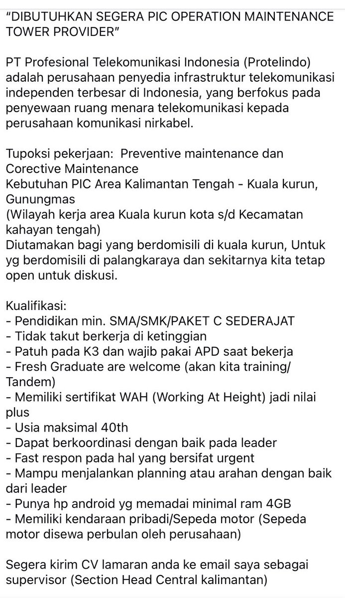 WE ARE HIRING!

Segera kirim CV lamaran anda ke email saya sebagai supervisor (Section Head Central kalimantan)

Email: wahyurumbon@gmail.com
Subject : PIC OM Cluster Area Kuala Kurun

Salam,
Wahyu R Rumbon