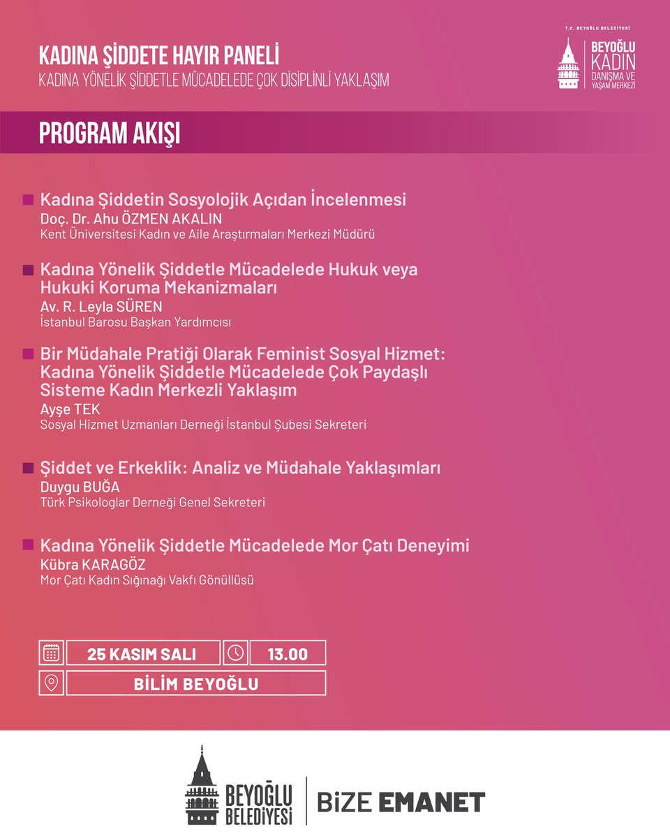 Kadına Yönelik Şiddete Karşı Mücadele gününde bir aradayız.

Beyoğlu Kadın Danışma ve Yaşam Merkezimiz, “Kadına Şiddete Hayır – Çok Disiplinli Yaklaşım” paneliyle alanında uzman isimleri bir araya getiriyor.

📅 25 Kasım Salı
⏰ 13.00
📍 Bilim Beyoğlu
📲 Kayıt ve bilgi: 444 0 160