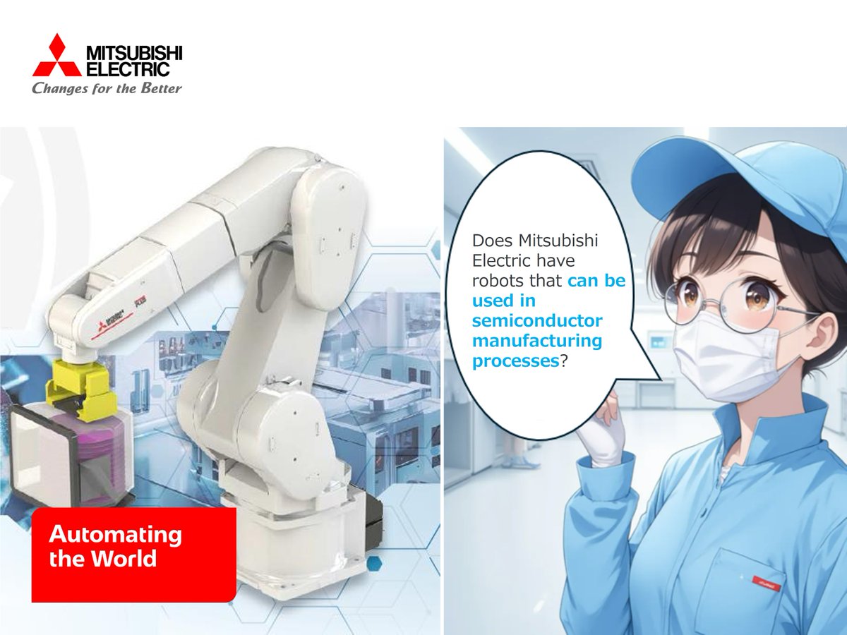 Mitsubishi_FA's tweet image. 🚀 Discover our game-changing articulated robot for semiconductor manufacturing ₋ perfect for tight spaces and designed for clean-room compatibility (ISO Class 3).
Join us at #IIFES to see it in action—don’t miss out! 🌟 #IIFES2025
🔗okt.to/fx8FDt