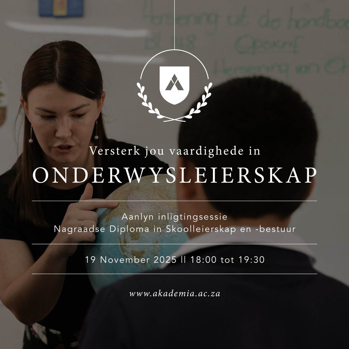 Wil jy ŉ middelvlak- of senior bestuurder in die onderwysveld word? Kom kuier saam tydens die aanlyn inligtingsessie oor die Nagraadse Diploma in Skoolleierskap en -bestuur, en vind uit hoe dié program studente toerus om die beginsels van opvoedkundige leierskap te verstaan.