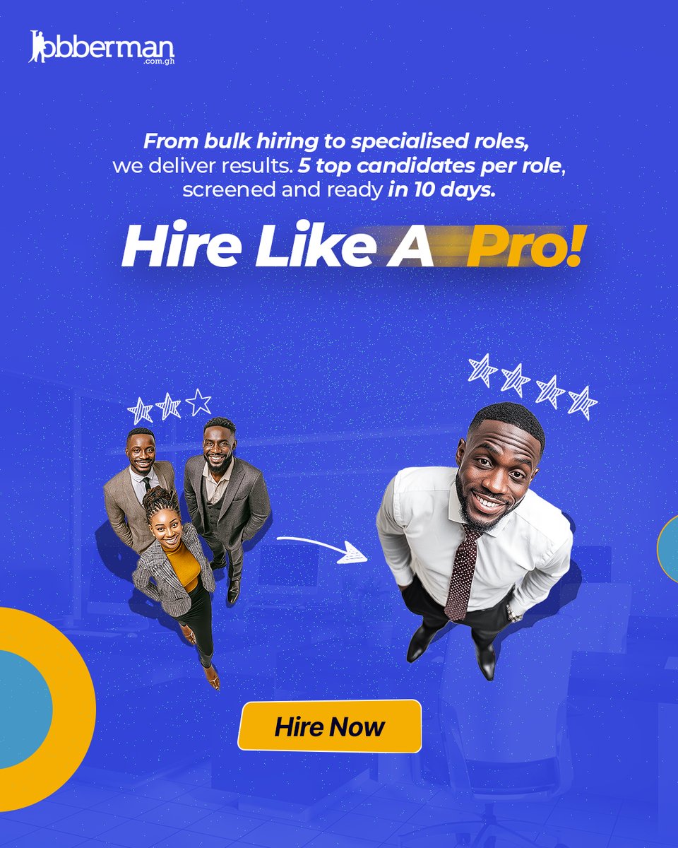 JobbermanGhana's tweet photo. From bulk hiring to specialised roles. We deliver results.

Whether you’re hiring 5 or 50, we make recruitment faster and easier.
Get top-quality candidates, ready in 10 days.

Hire Now: https://t.co/GR4DXiiHRI

#Prorecruit #jobbermanghana #recruitment #hiring https://t.co/geLe1DsGkQ