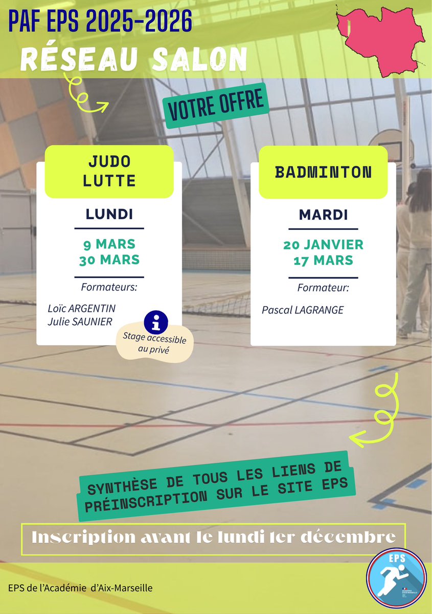 EPS_ac_aix_mars's tweet image. PAF EPS 2025/2026

👀 🔭 Zoom sur le réseau de Salon  !

Au programme : 
🥋 Judo/Lutte 
🏸 Badminton

ℹ️ Inscriptions sur l’Edito FC : pedagogie.ac-aix-marseille.fr/jcms/c_1147525…