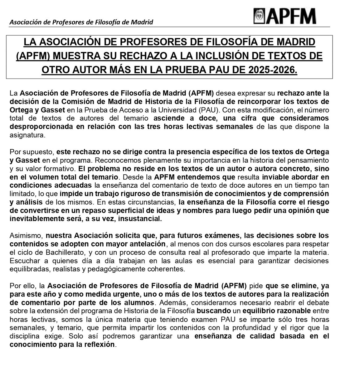 La APFM rechaza el aumento de textos en la PAU 2025-2026 y pide a la Comisión de Madrid de Historia de la Filosofía que presente unos contenidos acordes a las tres horas lectivas semanales de nuestra materia.
👇👇👇
profesoresfilosofia.es/wp-content/upl…