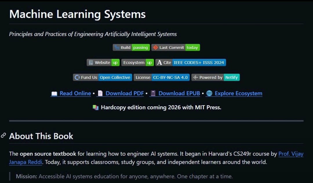 VTikke's tweet image. Harvard has released its ML course (CS 249) as a free, interactive textbook covering system design, data engineering, deployment, MLOps, and edge AI. It’s a great resource for anyone looking to understand how real-world ML systems are built and run🤩
