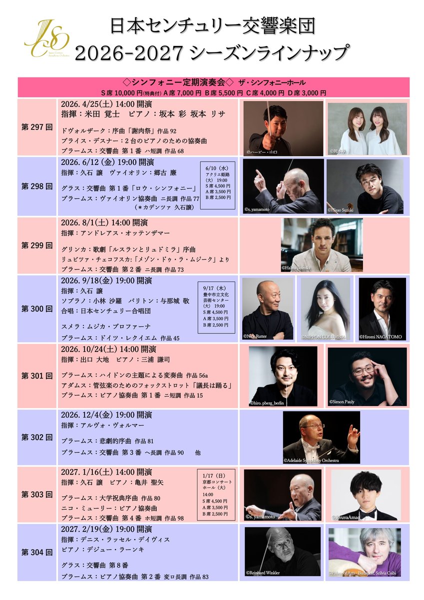 Japan_Century's tweet image. 【2026-27シーズンラインナップ発表🎊】

久石譲音楽監督とのシーズン２年目のテーマは「ブラームス」。ブラームスの交響曲、協奏曲、管弦楽曲と魅惑の現代曲などを、国内外の魅力溢れる素晴らしいアーティストの皆さまと一緒にお届けいたします‼…