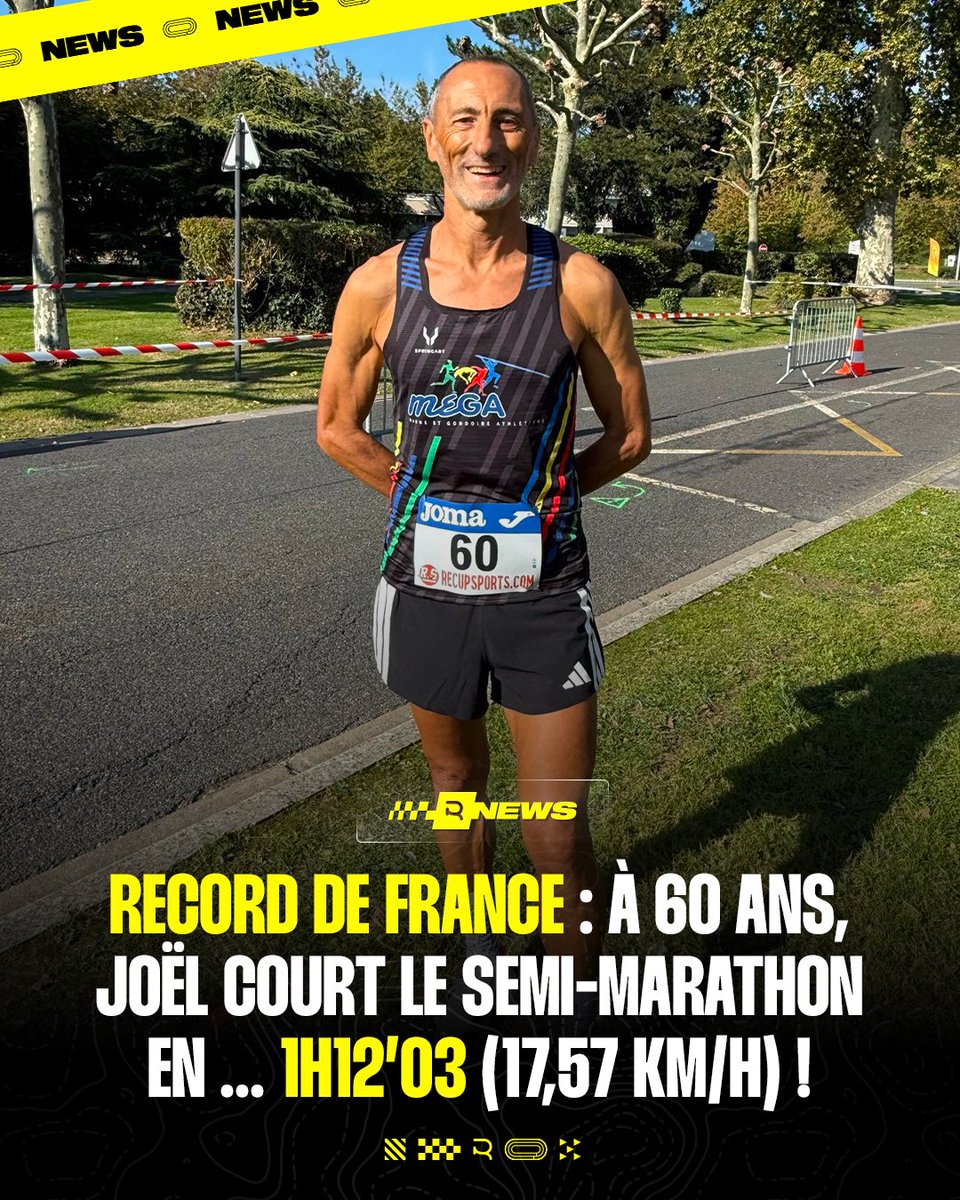 🤯😳 𝑰𝑴𝑷𝑹𝑬𝑺𝑺𝑰𝑶𝑵𝑵𝑨𝑵𝑻 ! À 60 ans, Joël Rondole (🇫🇷) vient de battre le 𝒓𝒆𝒄𝒐𝒓𝒅 𝒅𝒆 𝑭𝒓𝒂𝒏𝒄𝒆 “M5” du semi-marathon en … 𝟏𝐇𝟏𝟐’𝟎𝟑 🙆‍♂️ C’était hier matin à Boulogne-Billancourt. Allure supersonique de 𝟑:𝟐𝟒/𝐤𝐦 de moyenne et 201ème place à l’arrivée !