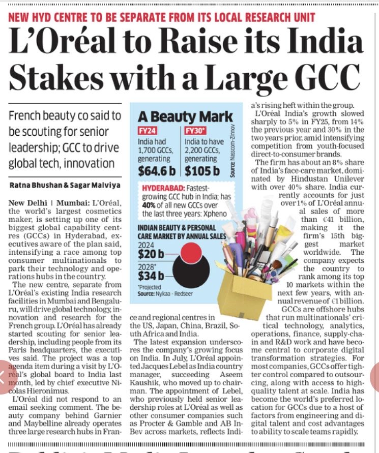 ratnabhushanET's tweet image. ET Exclusive:

French beauty maker L’Oreal is setting up one of its largest #GCC in #Hyderabad, joining the league of MNCs like McDonald’s, Carlsberg &amp;amp; Heineken identifying India as a GCC hub

⁦@SagarMalviya_ET⁩ ⁦@EconomicTimes⁩
#AndhraPradesh
